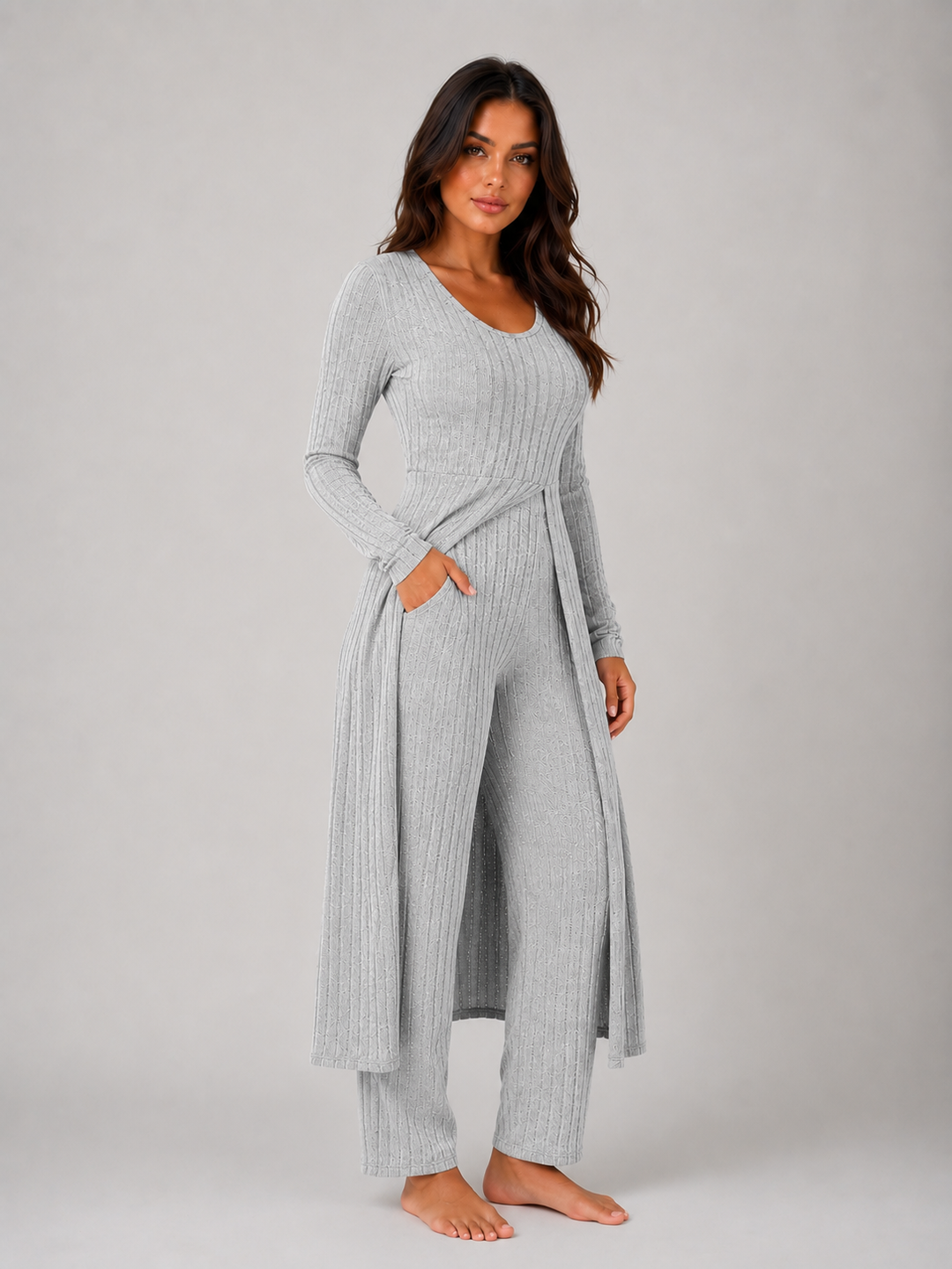 Women's Ribbed Lounge Set with Split Overlay