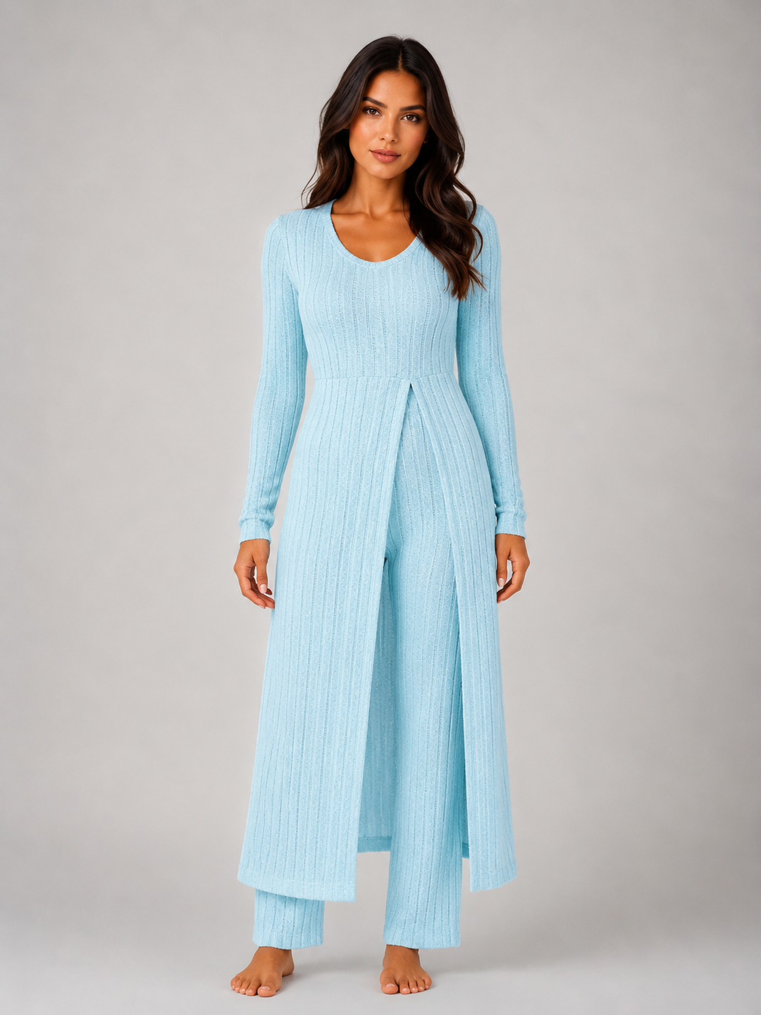 Women's Ribbed Lounge Set with Split Overlay
