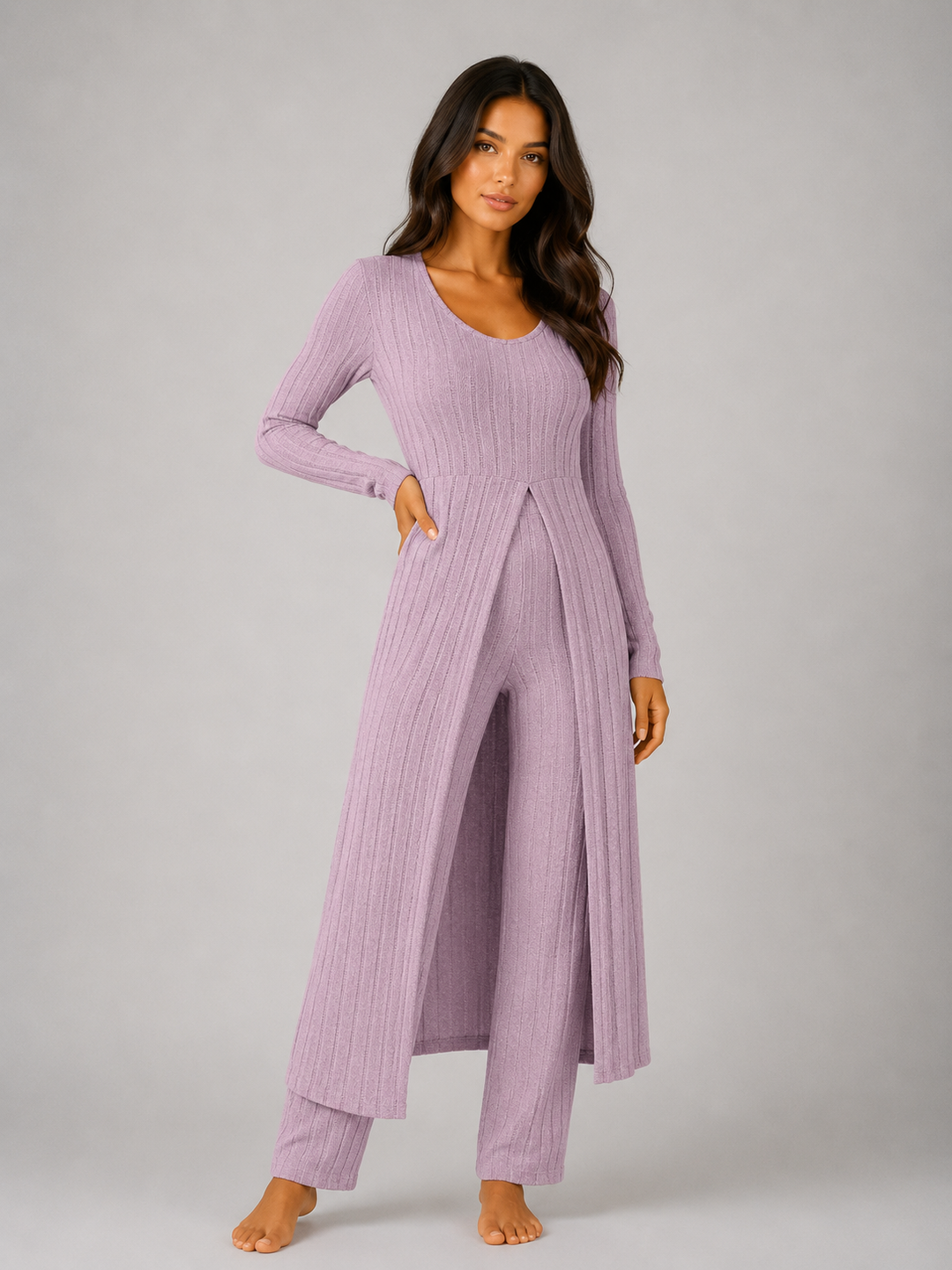 Women's Ribbed Lounge Set with Split Overlay