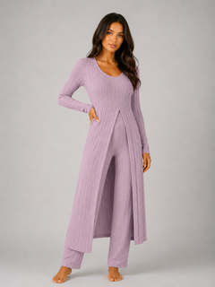 Women's Ribbed Lounge Set with Split Overlay
