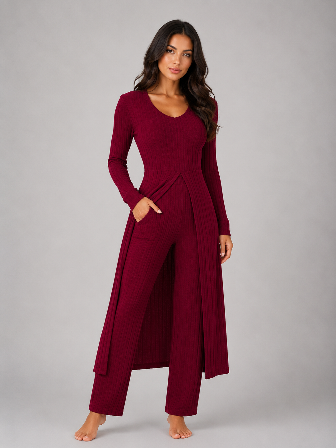 Women's Ribbed Lounge Set with Split Overlay