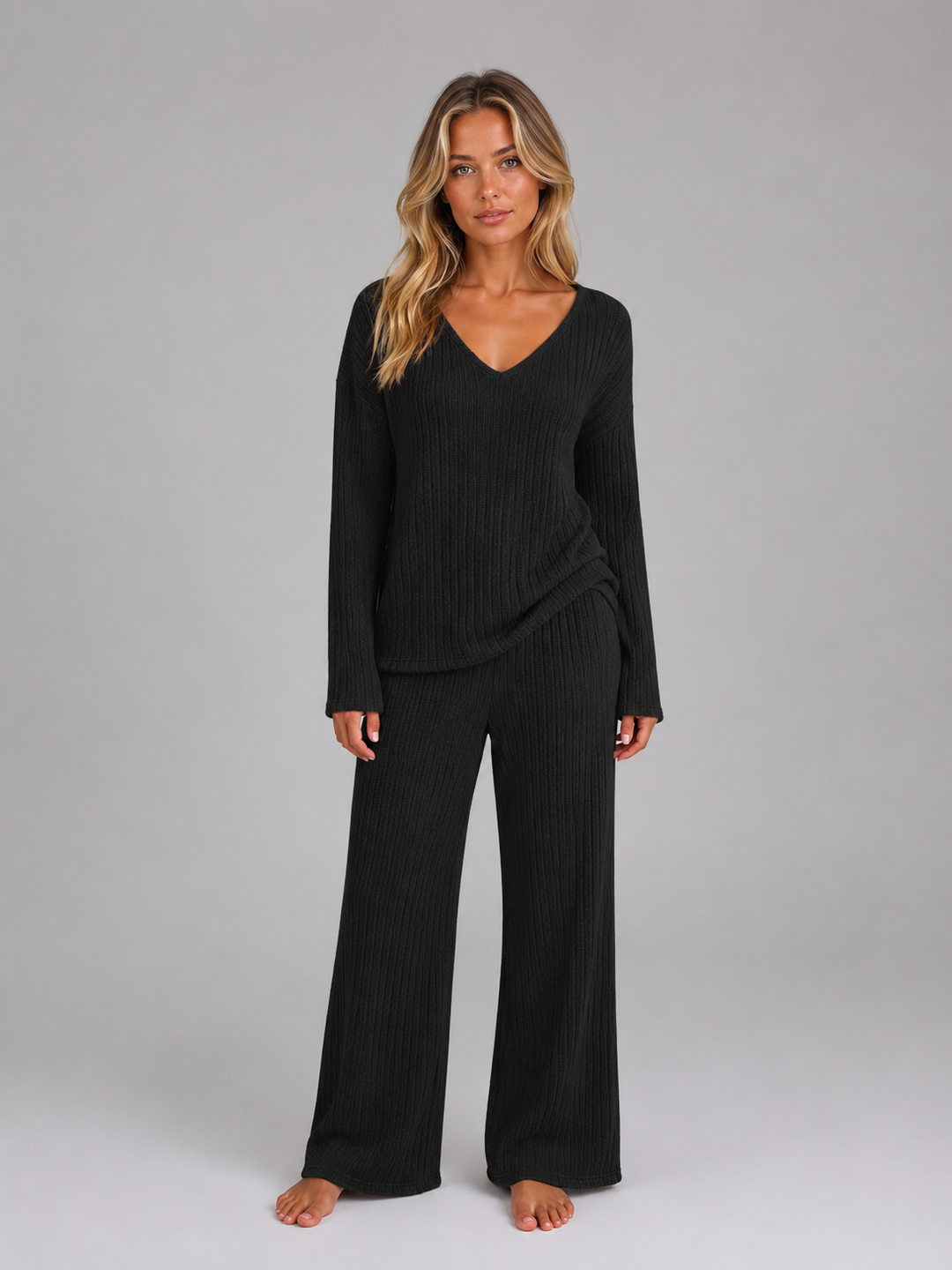 Women’s Ribbed Lounge Set with V-Neck Jumper