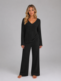 Women’s Ribbed Lounge Set with V-Neck Jumper