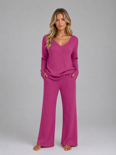 Women’s Ribbed Lounge Set with V-Neck Jumper