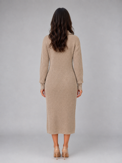 Women's Ribbed Midi Dress with Button Neck