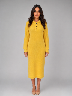 Women's Ribbed Midi Dress with Button Neck