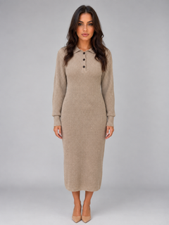 Women's Ribbed Midi Dress with Button Neck