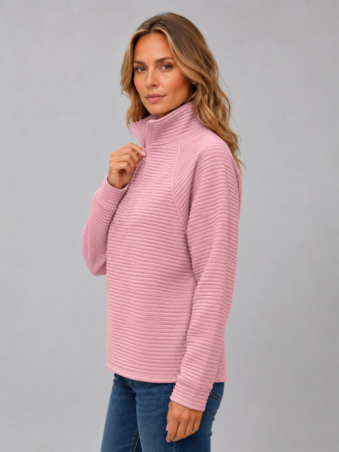Women's Ribbed Pullover with Half Zip Neck