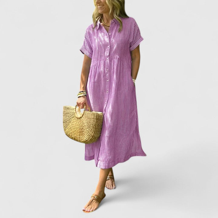 Women's Striped Button-Down Midi Shirt Dress with Pockets