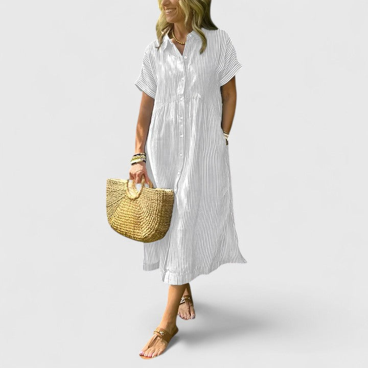 Women's Striped Button-Down Midi Shirt Dress with Pockets