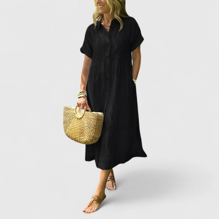 Women's Striped Button-Down Midi Shirt Dress with Pockets