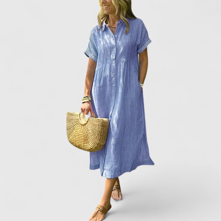 Women's Striped Button-Down Midi Shirt Dress with Pockets