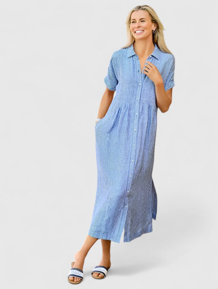 Women's Striped Button-Down Midi Shirt Dress with Pockets