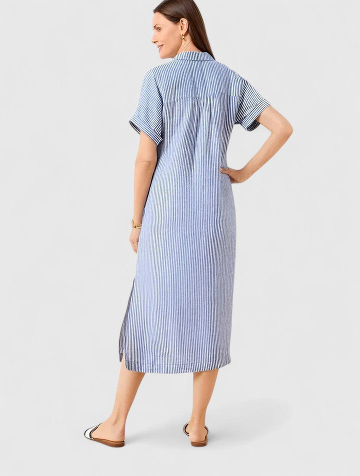 Women's Striped Button-Down Midi Shirt Dress with Pockets