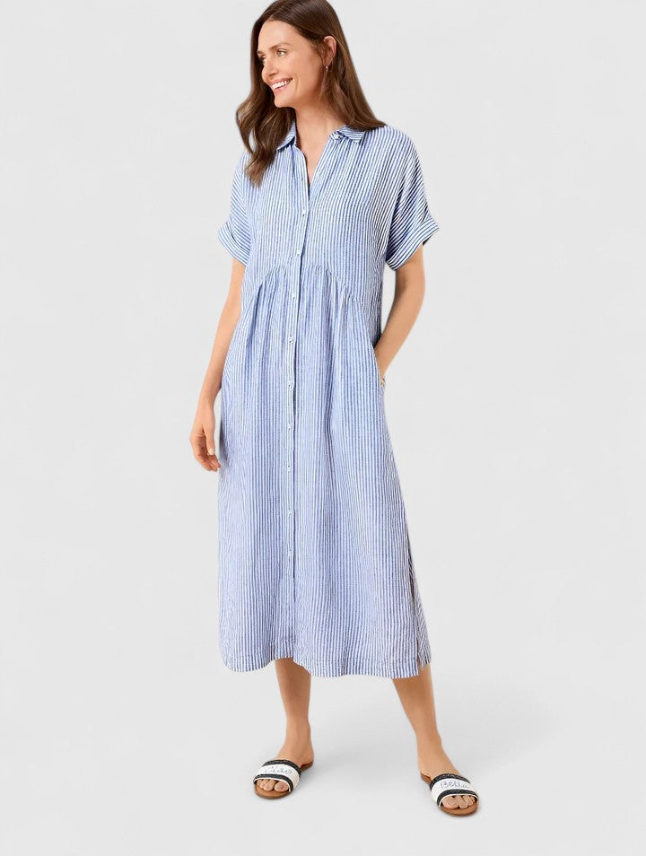 Women's Striped Button-Down Midi Shirt Dress with Pockets