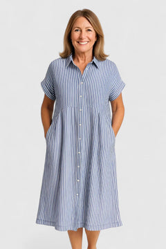 Women's Striped Button-Down Midi Shirt Dress with Pockets