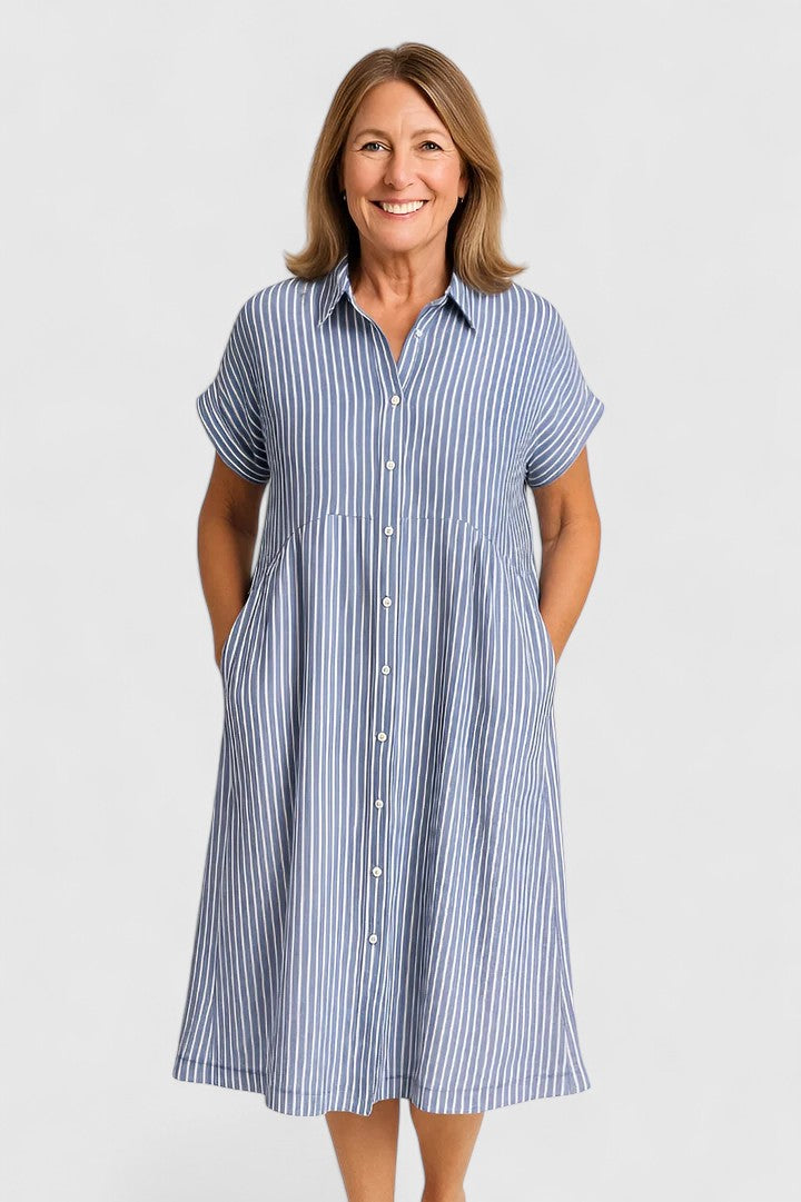 Women's Striped Button-Down Midi Shirt Dress with Pockets