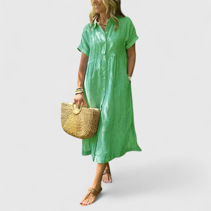 Women's Striped Button-Down Midi Shirt Dress with Pockets