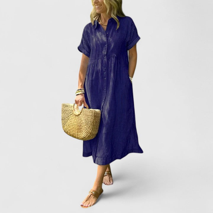 Women's Striped Button-Down Midi Shirt Dress with Pockets