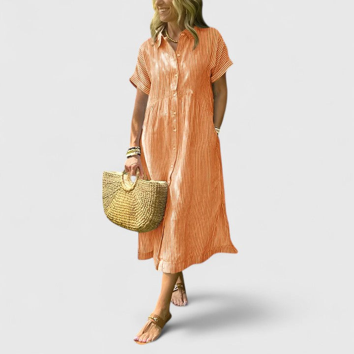 Women's Striped Button-Down Midi Shirt Dress with Pockets