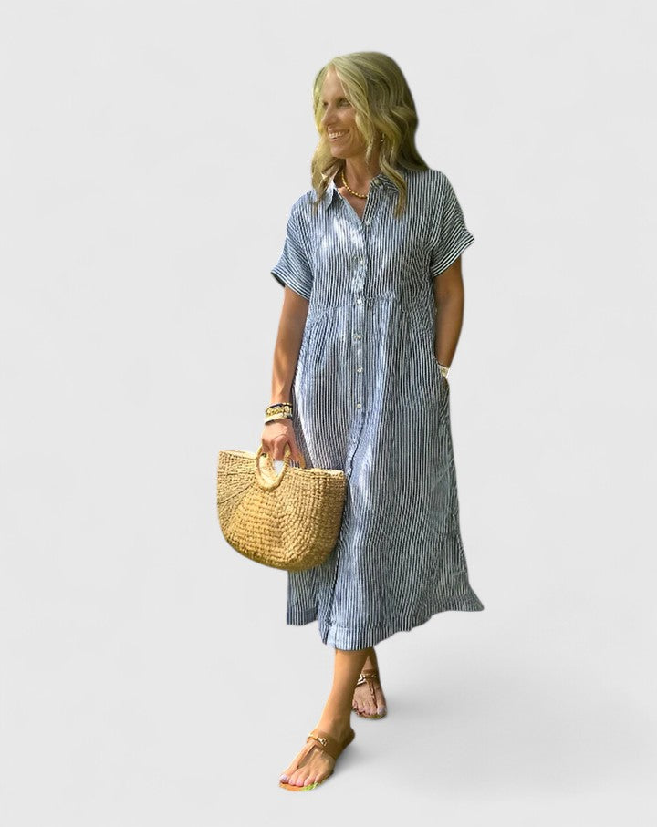 Women's Striped Button-Down Midi Shirt Dress with Pockets