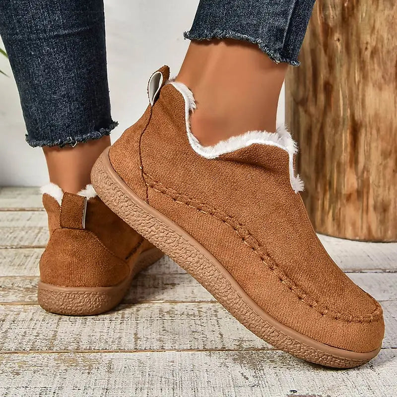 Women's Suede Faux Fur Lined Ankle Boots – Slip On Winter Loafers
