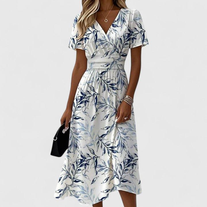 Women's Summer V-Neck Midi Dress - Leaf Print Short Sleeve Wrap Dress