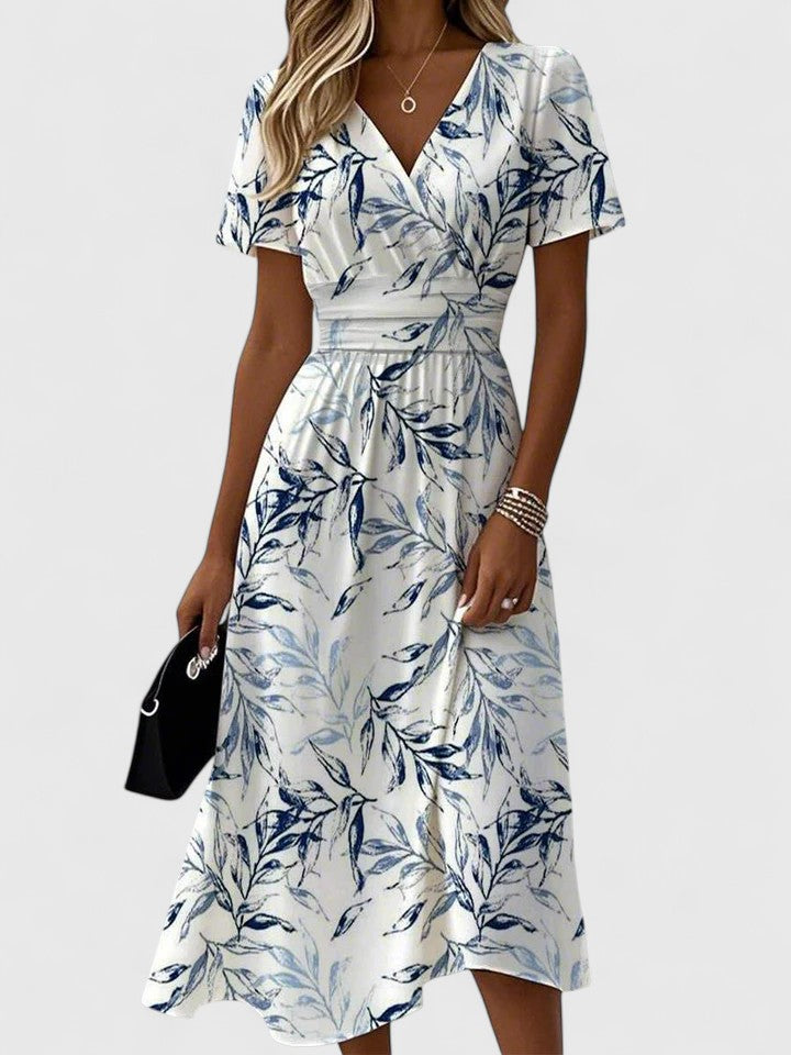 Women's Summer V-Neck Midi Dress - Leaf Print Short Sleeve Wrap Dress