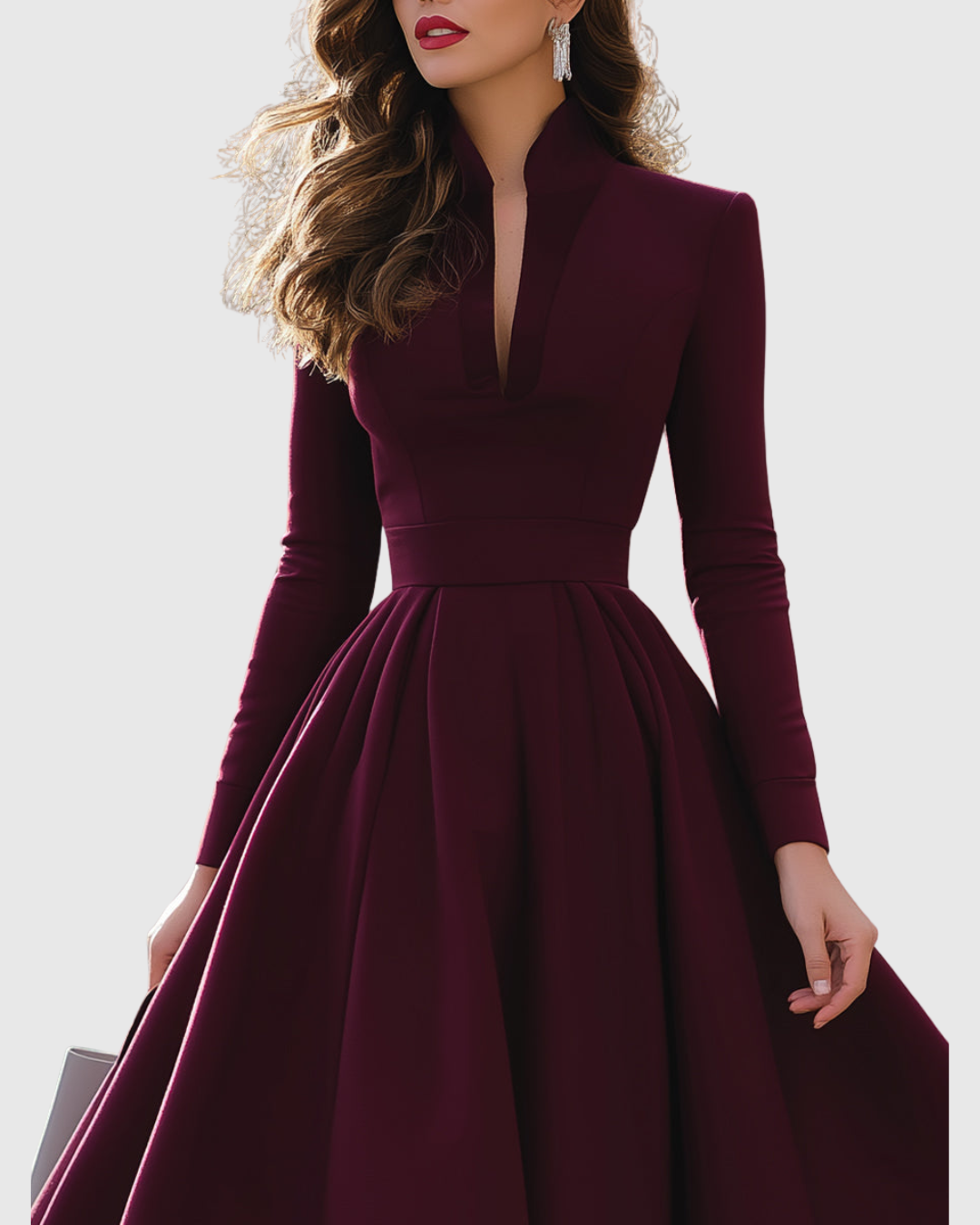 Women’s V-Neck Midi Dress with Pleated Skirt