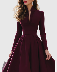 Women’s V-Neck Midi Dress with Pleated Skirt