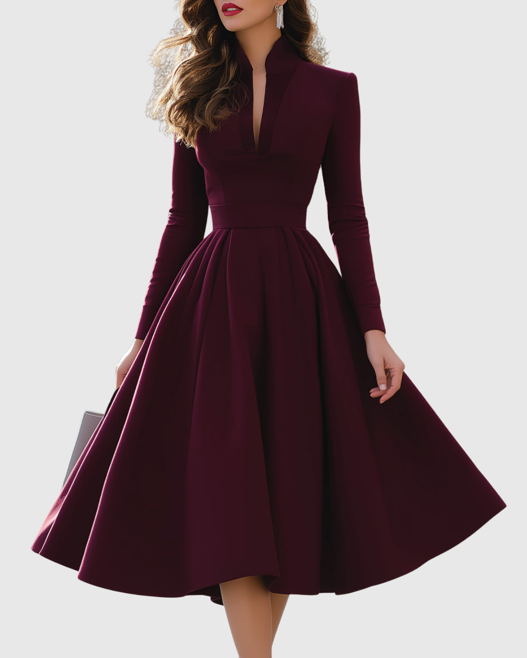 Women’s V-Neck Midi Dress with Pleated Skirt