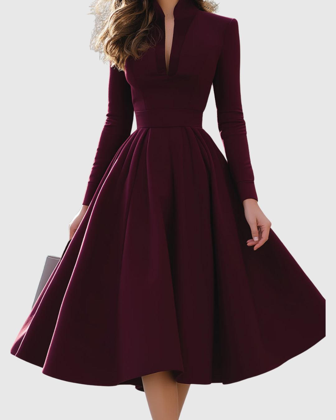 Women’s V-Neck Midi Dress with Pleated Skirt