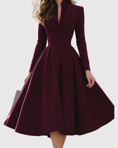 Women’s V-Neck Midi Dress with Pleated Skirt
