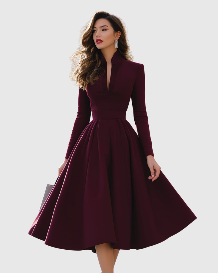 Women’s V-Neck Midi Dress with Pleated Skirt