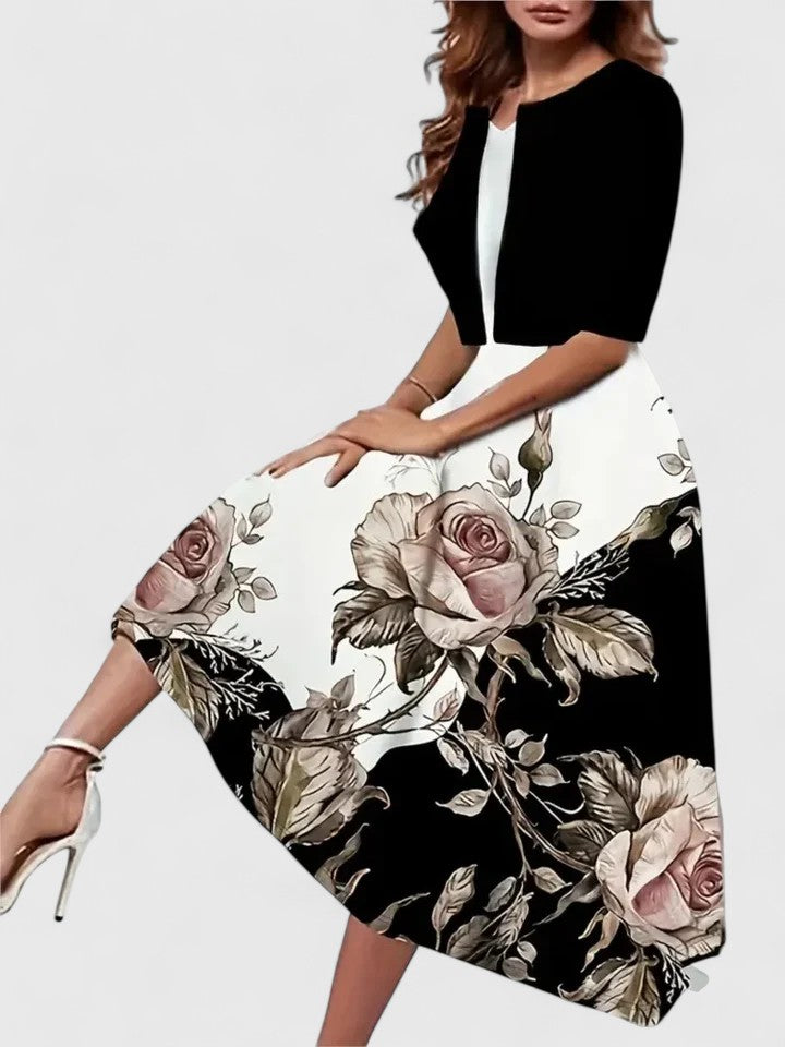 Women's Vintage Floral Midi Dress & Short Shrug Set