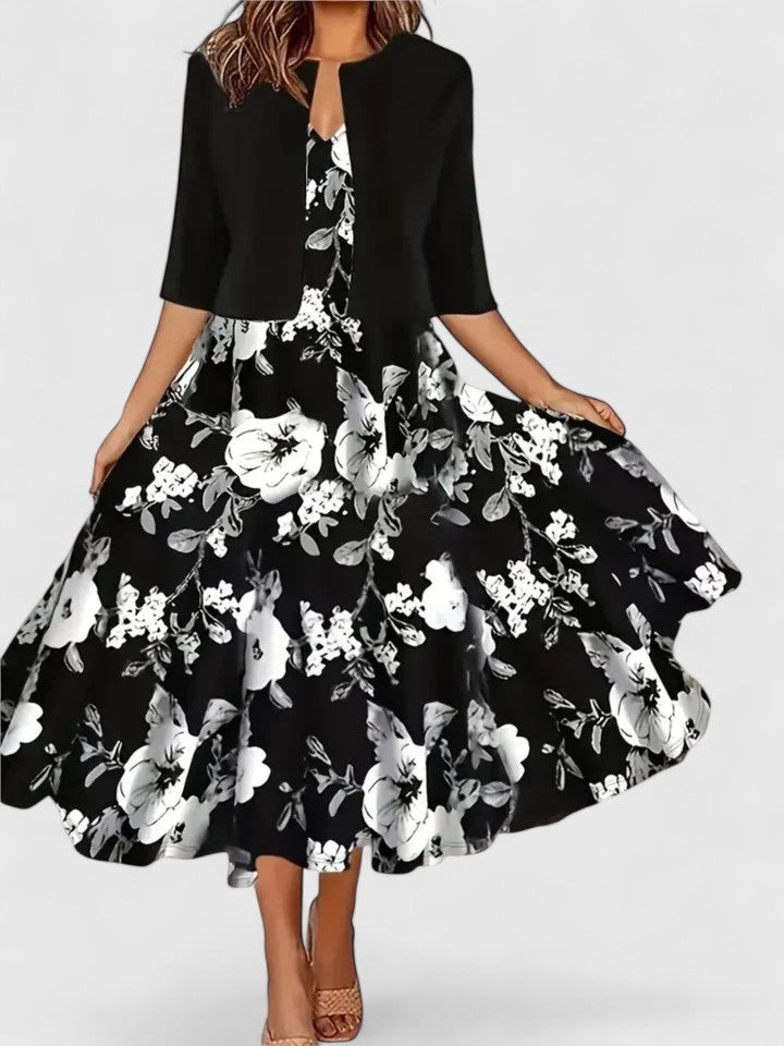 Women's Vintage Floral Midi Dress & Short Shrug Set