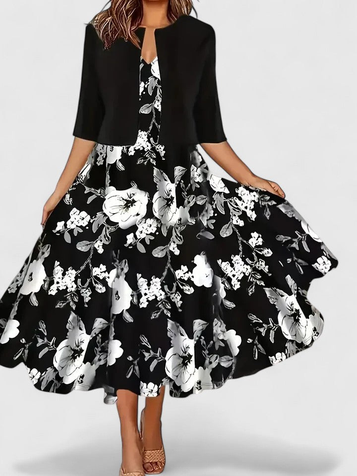 Women's Vintage Floral Midi Dress & Short Shrug Set