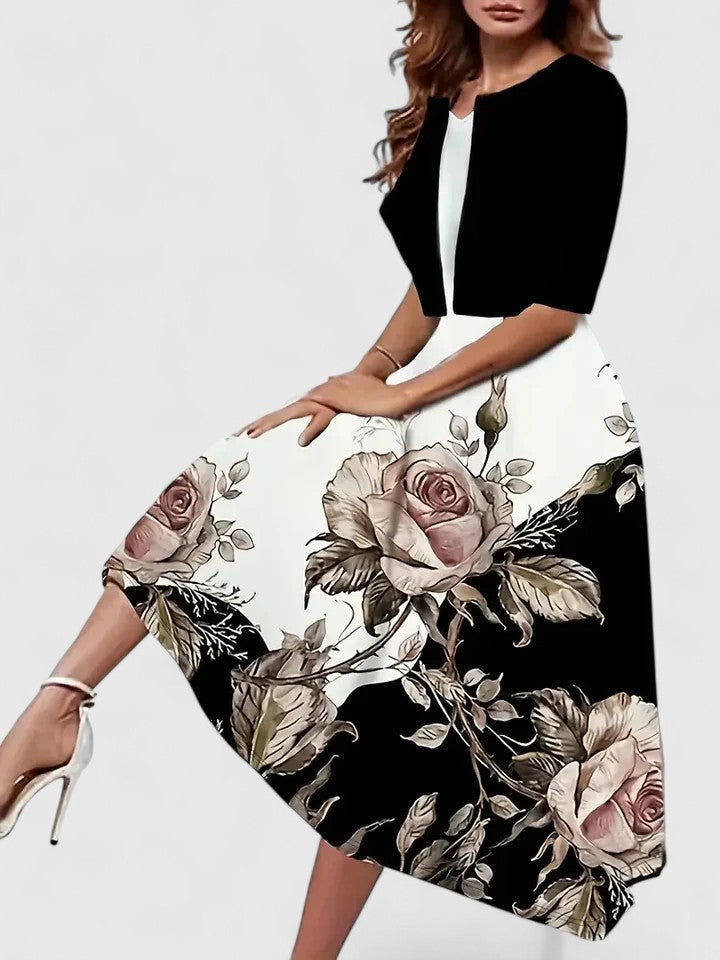 Women's Vintage Floral Midi Dress & Short Shrug Set