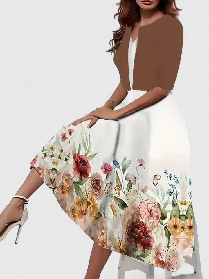 Women's Vintage Floral Midi Dress & Short Shrug Set