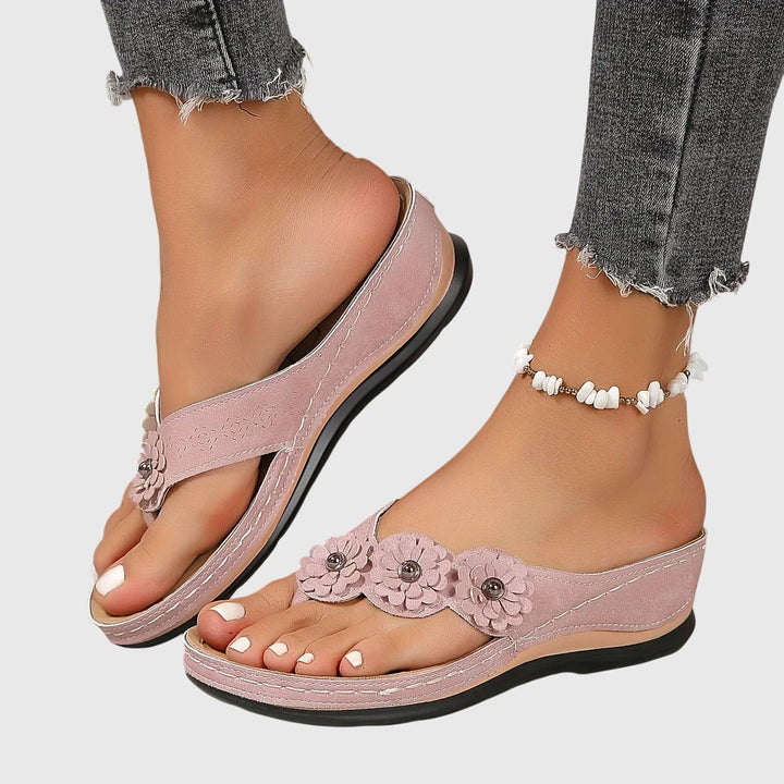 Women's Wedge Flip Flops – Comfy Platform Thong Sandals with Flower Accents