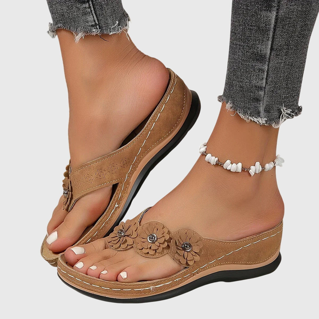 Women's Wedge Flip Flops – Comfy Platform Thong Sandals with Flower Accents