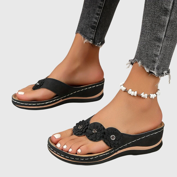 Women's Wedge Flip Flops – Comfy Platform Thong Sandals with Flower Accents