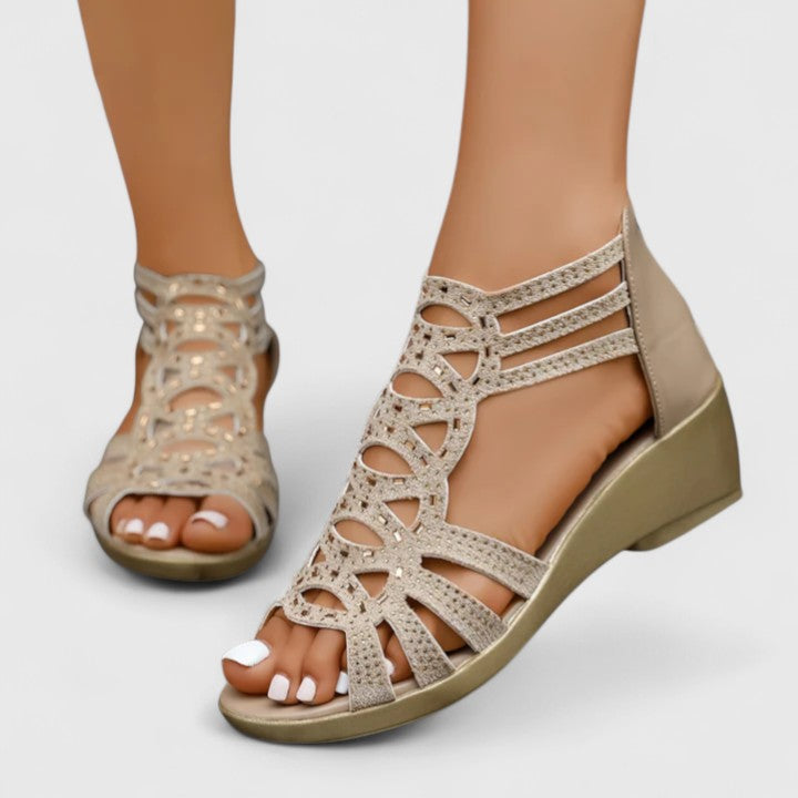 Women's Wedge Sandals - Open Toe Cutout Strappy Back Zip Dress Shoes