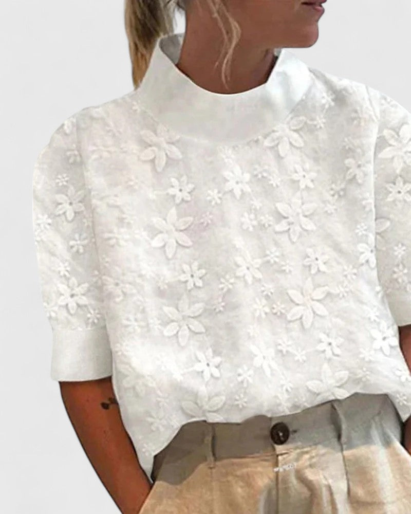 Women's White Floral Embroidered Blouse - Mock Neck Puff Sleeve Top