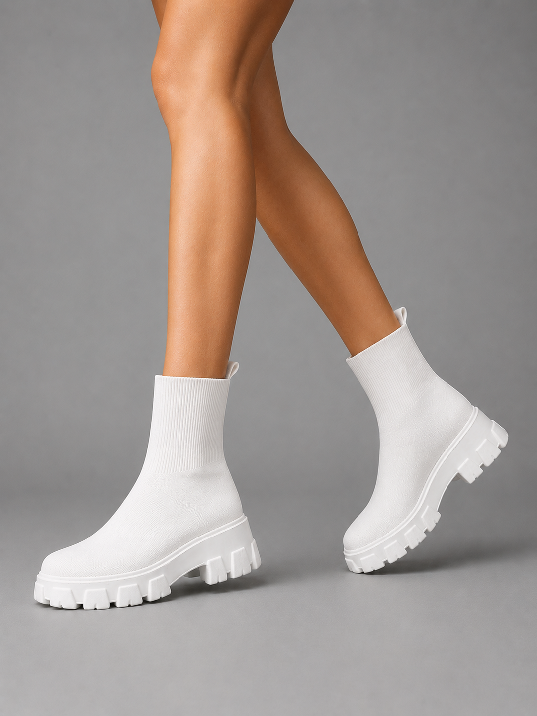 Women's White Stretch Boots with Chunky Sole