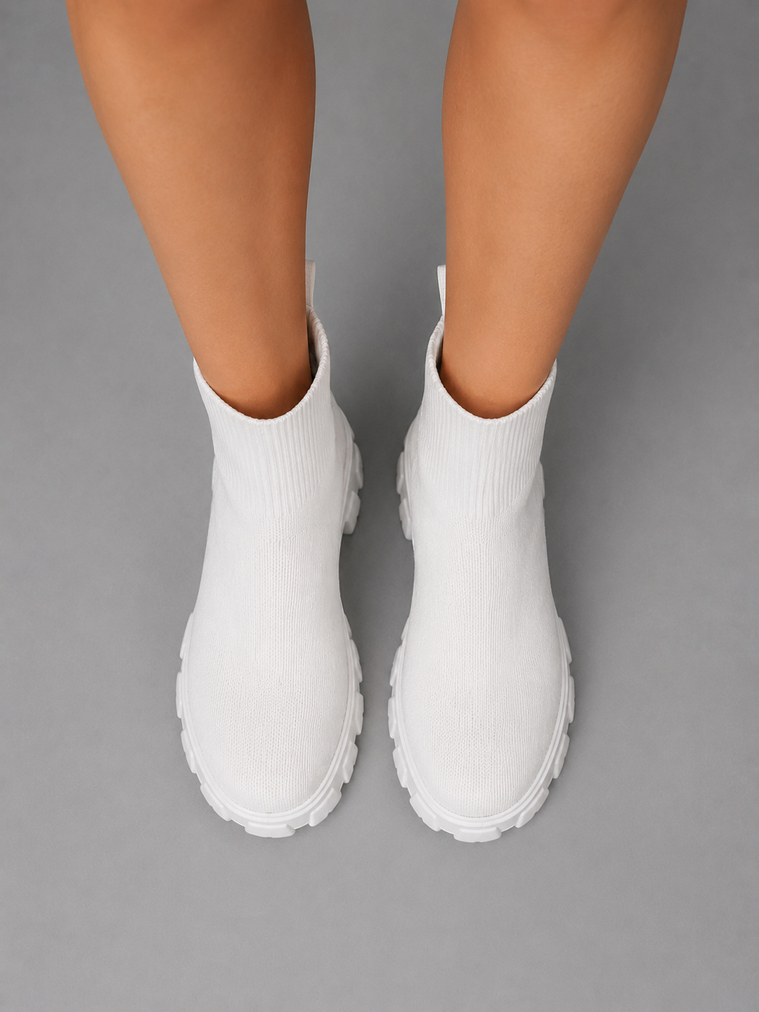 Women's White Stretch Boots with Chunky Sole