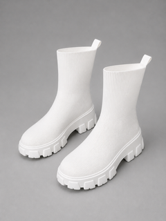 Women's White Stretch Boots with Chunky Sole