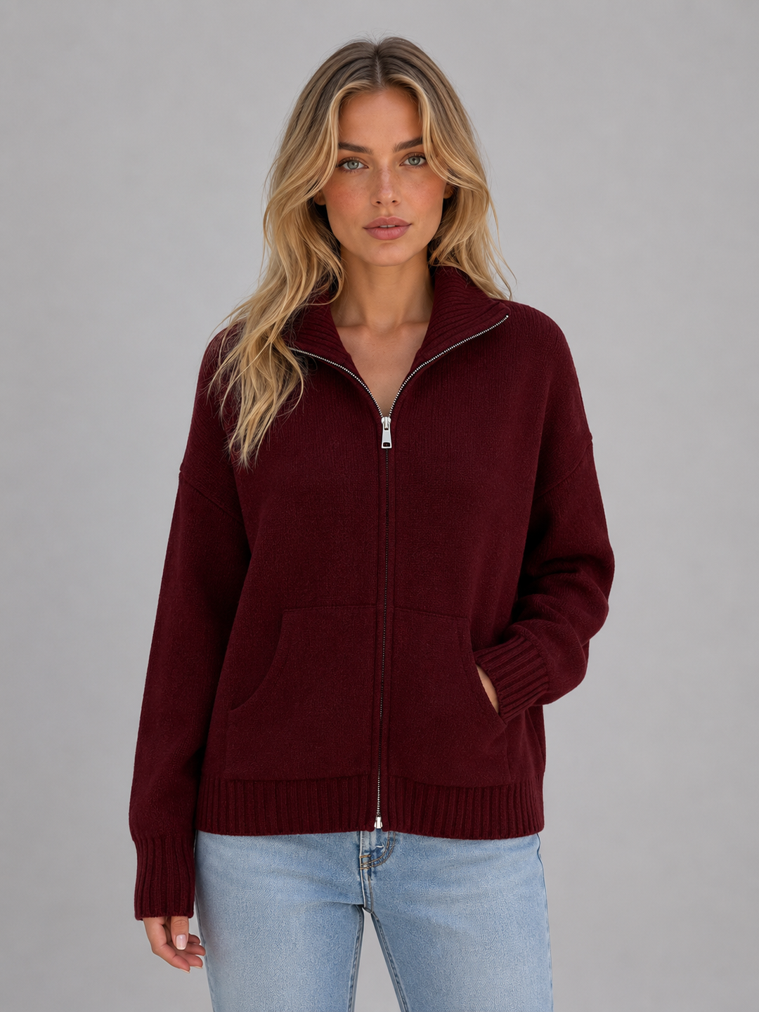 Women's Zip Up Sweater with Funnel Neck