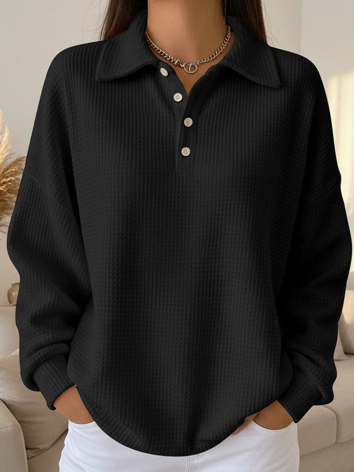 Women's Oversized Waffle Knit Polo Sweater – Casual Button-Down Collared Pullover