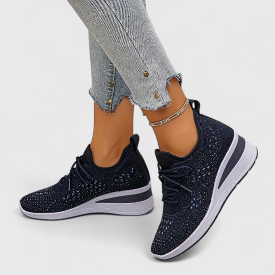 Women's Rhinestone Wedge Sneakers - Sparkly Bling Platform Walking Shoes